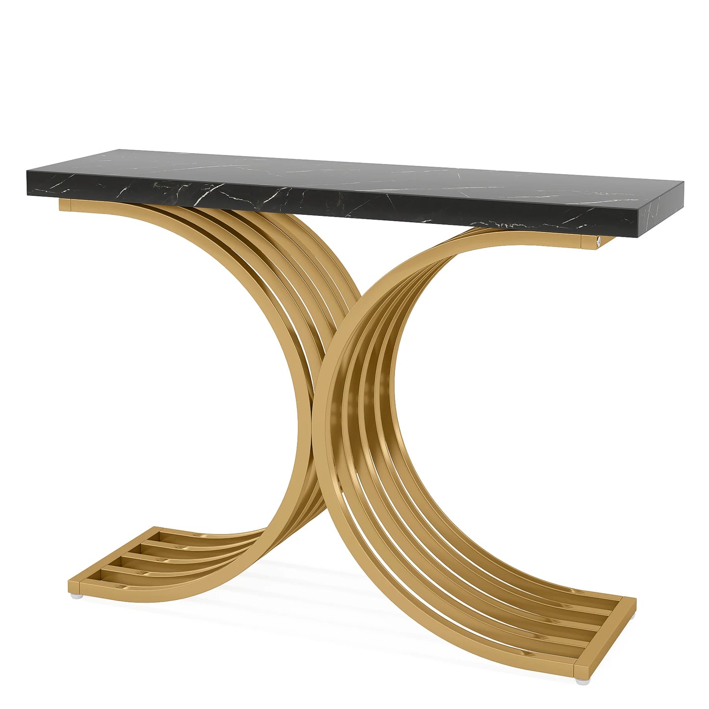 Gold Entryway Table, Modern 39-Inch Console Faux Marble Narrow Wood Sofa with Geometric Metal Legs