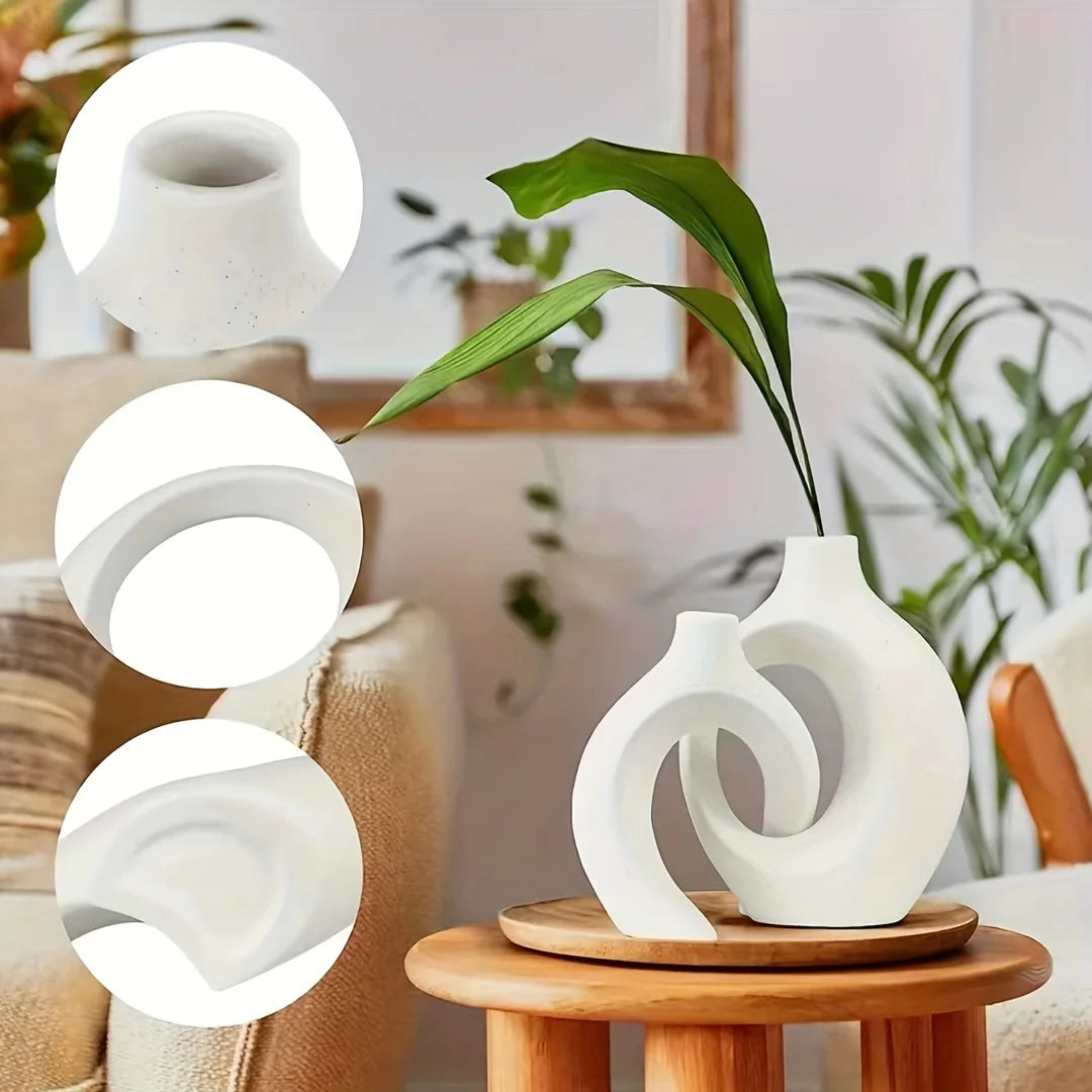 White Ceramic Vase Set of 2 for Modern Home Decor,Boho Donut Vases Nordic Minimalist Decor Vase