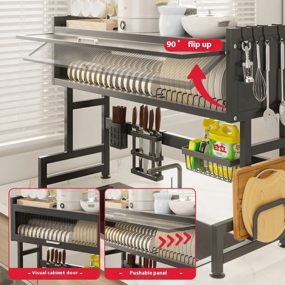 Storage Rack Above Kitchen Sink Cutlery Storage Cabinet Multi Functional Dust-proof Belt Cabinet Door Bowl Tray Drain Rack