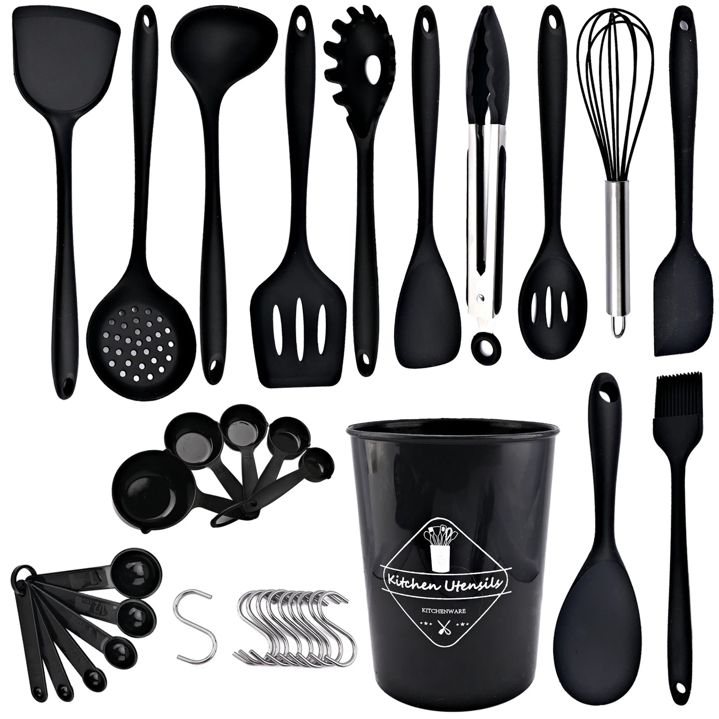 New Non-Stick Black Cookware Silicone Kitchenware Tool Cooking Utensils Set Spatula Ladle Egg Beaters Shovel Kitchen Accessories