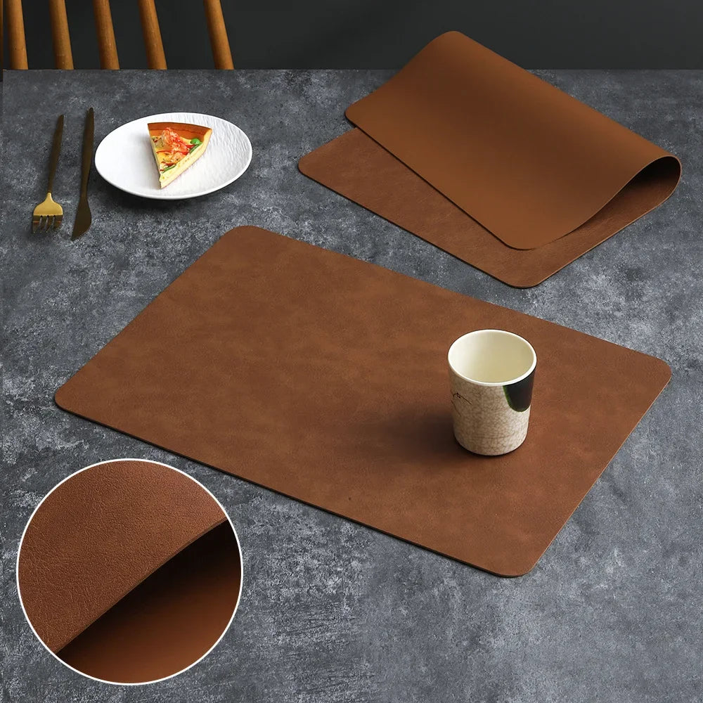 Square Double-Layer Cowhide PU Leather Placemat Texture Waterproof Heat-Resistant Table Mats Home Hotel Dining