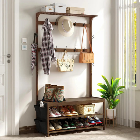 Hall Tree with shoe bench Entryway with Coat Rack 6-in-1 Coat Rack Shoe Bench with Cloth Bag Storage Bench with 14 Coat