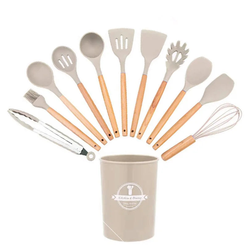 12Set of Wooden Handle Silicone Household Kitchen Tools Non-Stick Pan Cooking Spatula and Soup Spoon Silicone Kitchenware Set