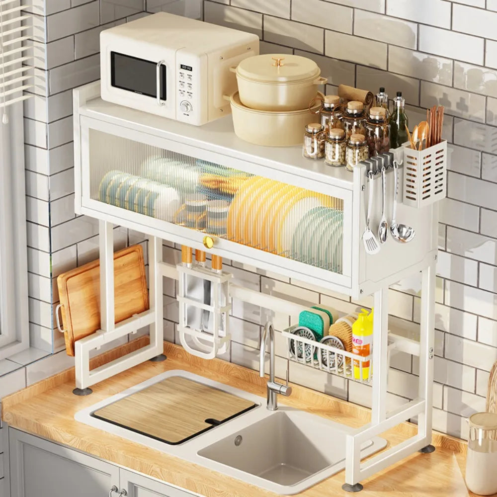 Storage Rack Above Kitchen Sink Cutlery Storage Cabinet Multi Functional Dust-proof Belt Cabinet Door Bowl Tray Drain Rack