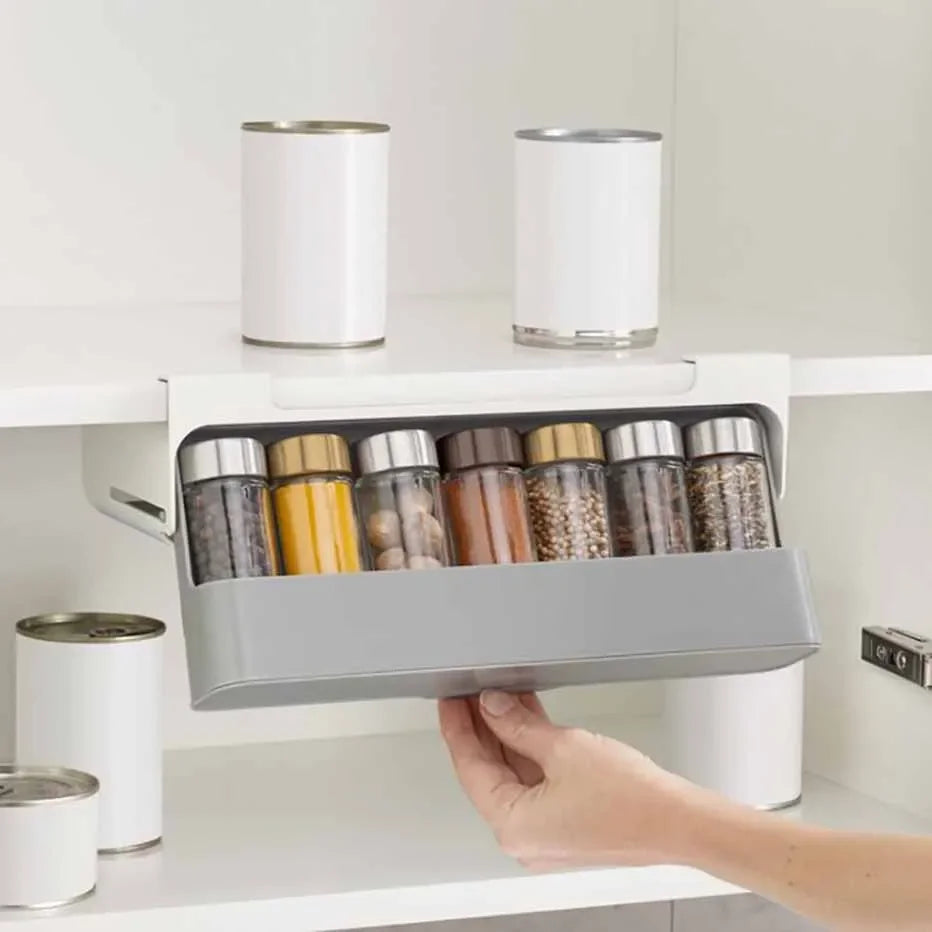 Hanging Spice Bottles Storage Rack Under Cabinet Self Adhesive Jar Container Drawer Type Seasoning Bottles Organizer