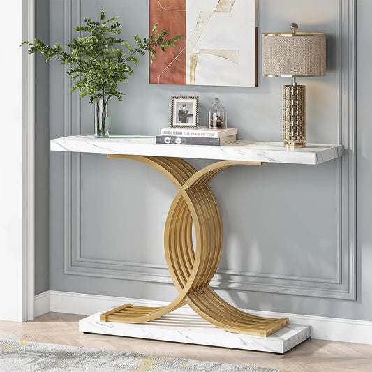 Gold Entryway Table, Modern 39-Inch Console Faux Marble Narrow Wood Sofa with Geometric Metal Legs