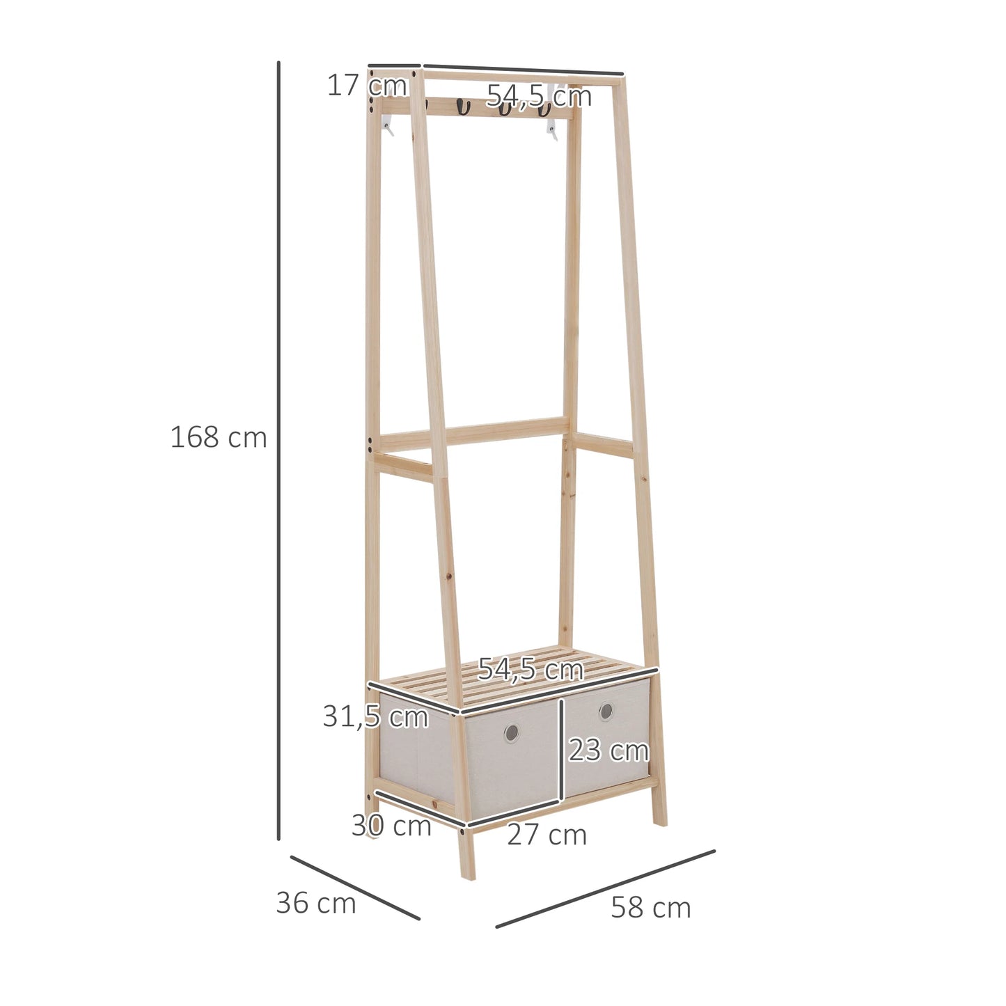 wooden rack with shoe rack 2 shelves 2 drawers 4 hooks for clothes