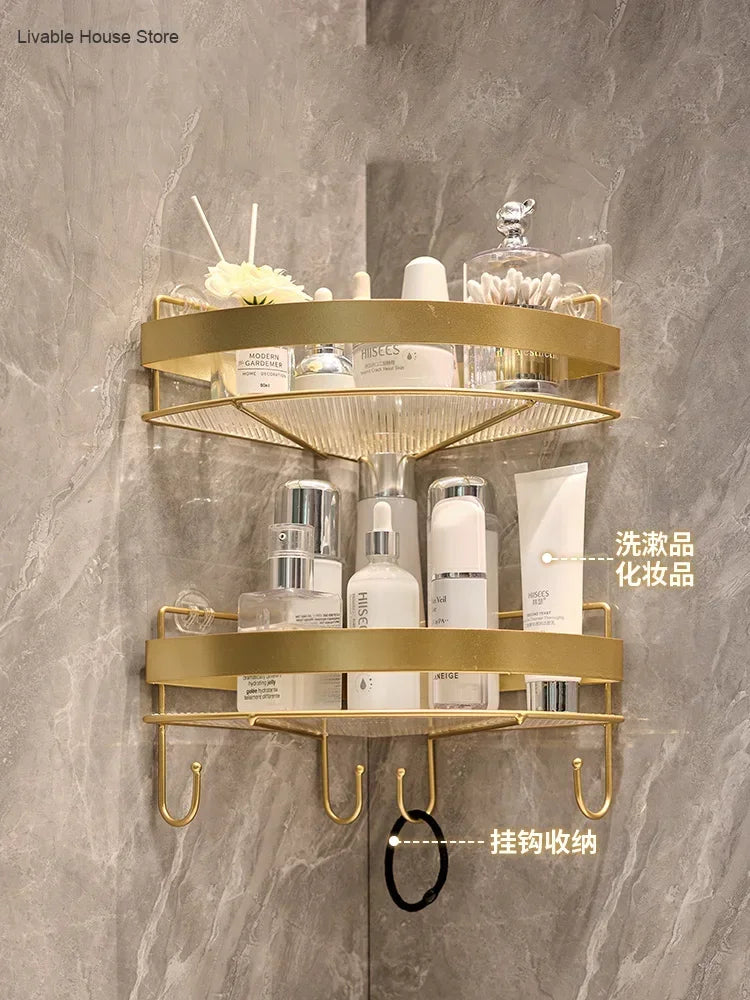 Gold Bathroom Storage Rack  non punching tripod Wall Mounted Storage holder