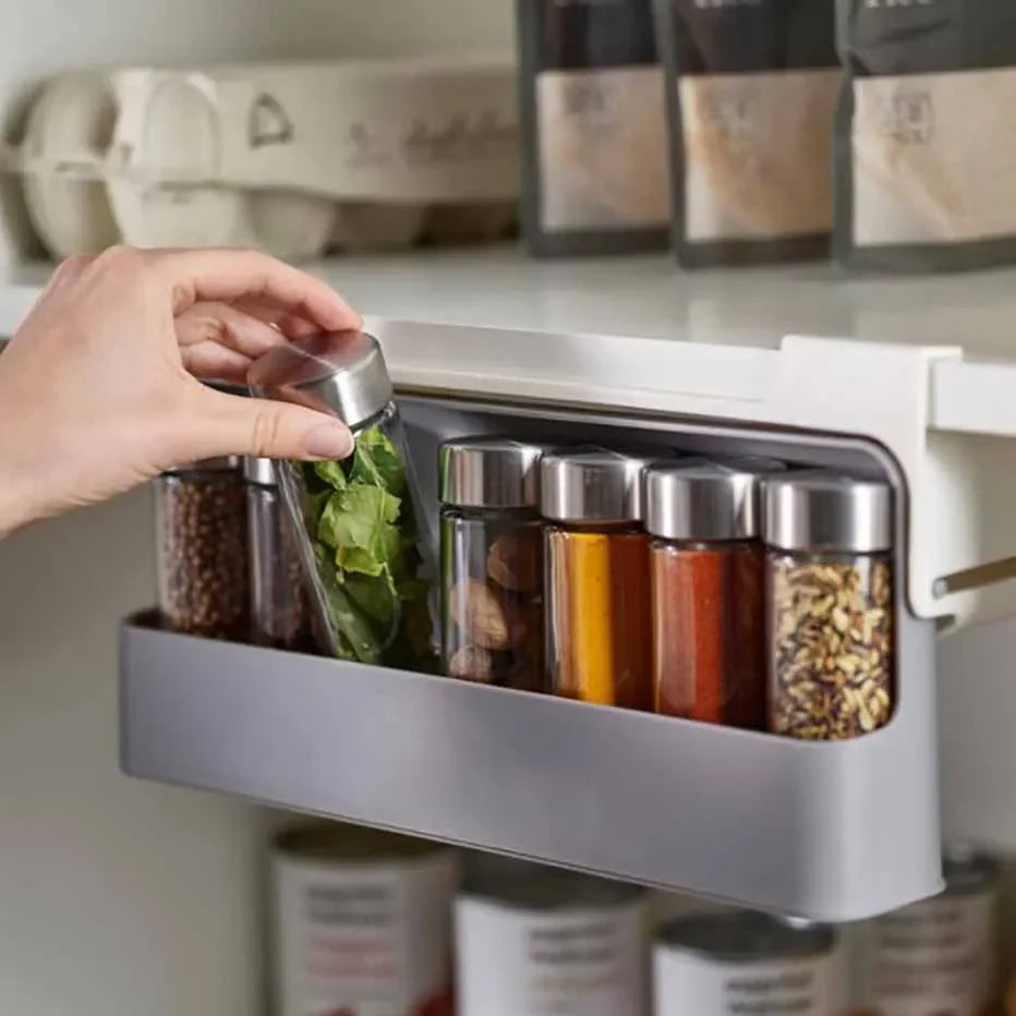 Hanging Spice Bottles Storage Rack Under Cabinet Self Adhesive Jar Container Drawer Type Seasoning Bottles Organizer