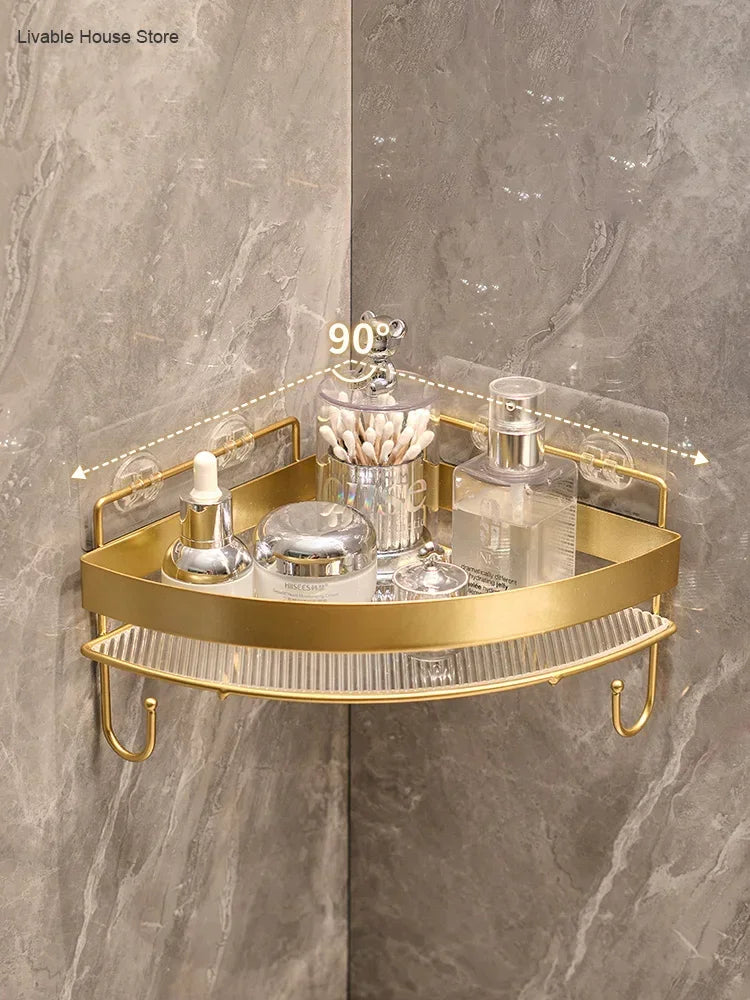 Gold Bathroom Storage Rack  non punching tripod Wall Mounted Storage holder