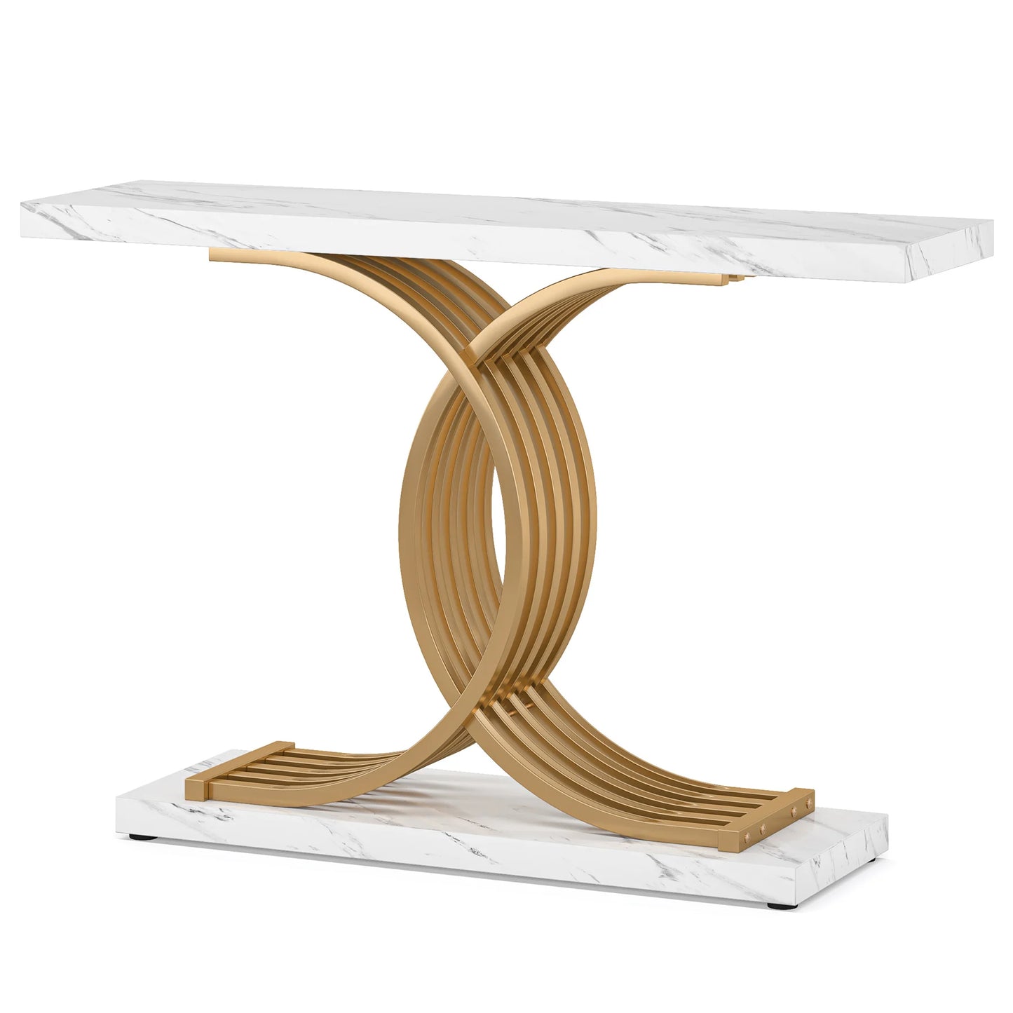 Gold Entryway Table, Modern 39-Inch Console Faux Marble Narrow Wood Sofa with Geometric Metal Legs