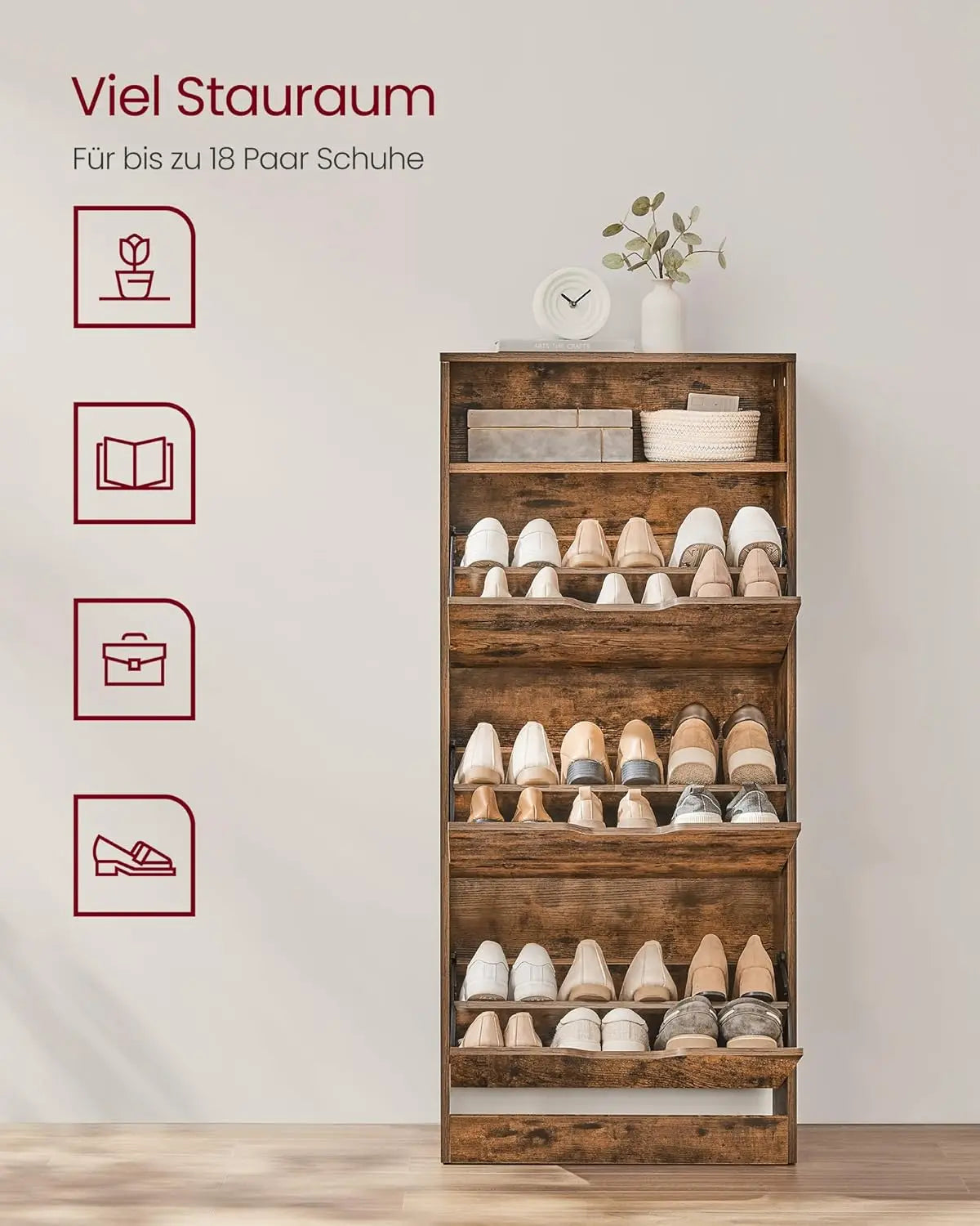 shoe cabinet shoe rack with 2/3 flaps and additional compartment 102/130 cm