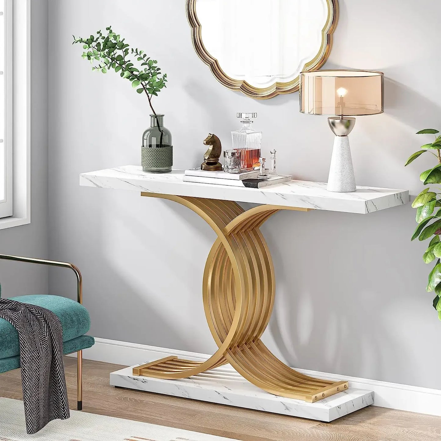 Gold Entryway Table, Modern 39-Inch Console Faux Marble Narrow Wood Sofa with Geometric Metal Legs