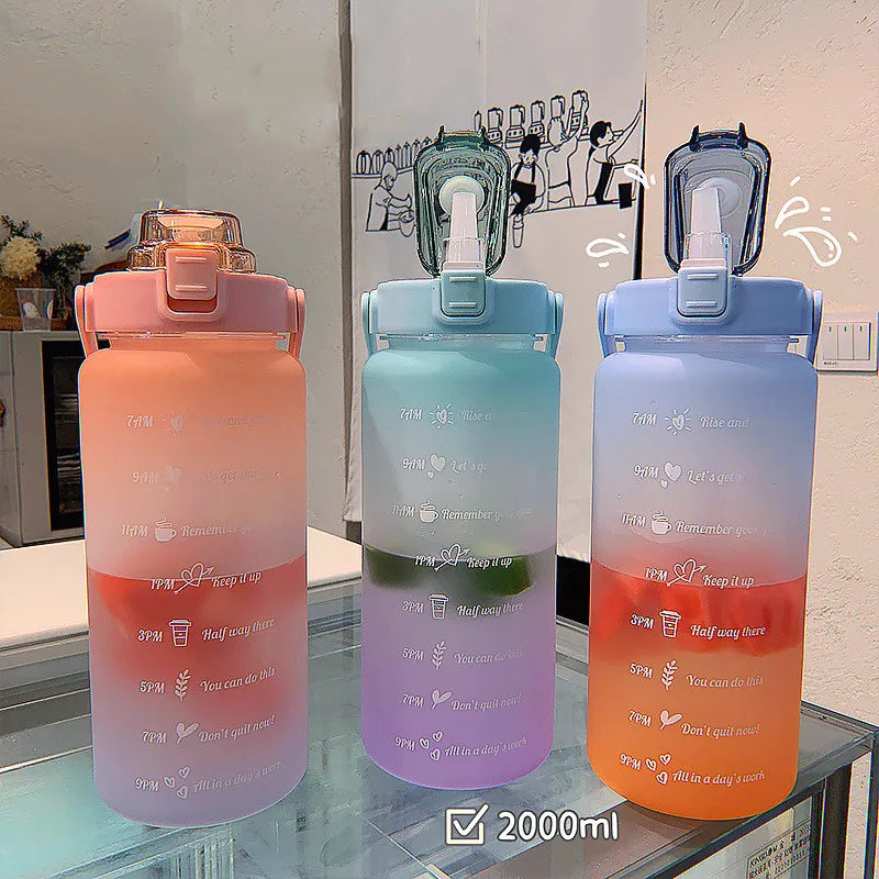 2L Gallon Motivational Water Bottle With Straw Leakproof BPA Free Gym Outdoor Sports Water Drinking Jug With Time Marker