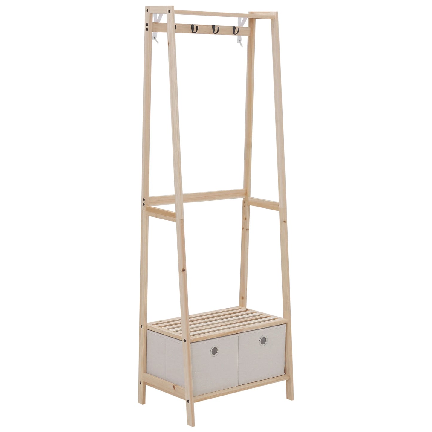 wooden rack with shoe rack 2 shelves 2 drawers 4 hooks for clothes