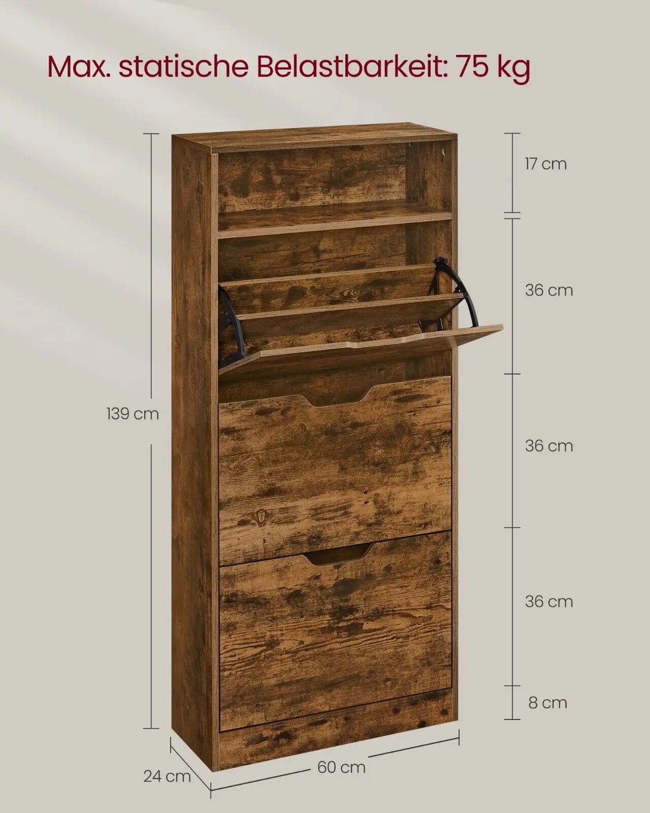 shoe cabinet shoe rack with 2/3 flaps and additional compartment 102/130 cm