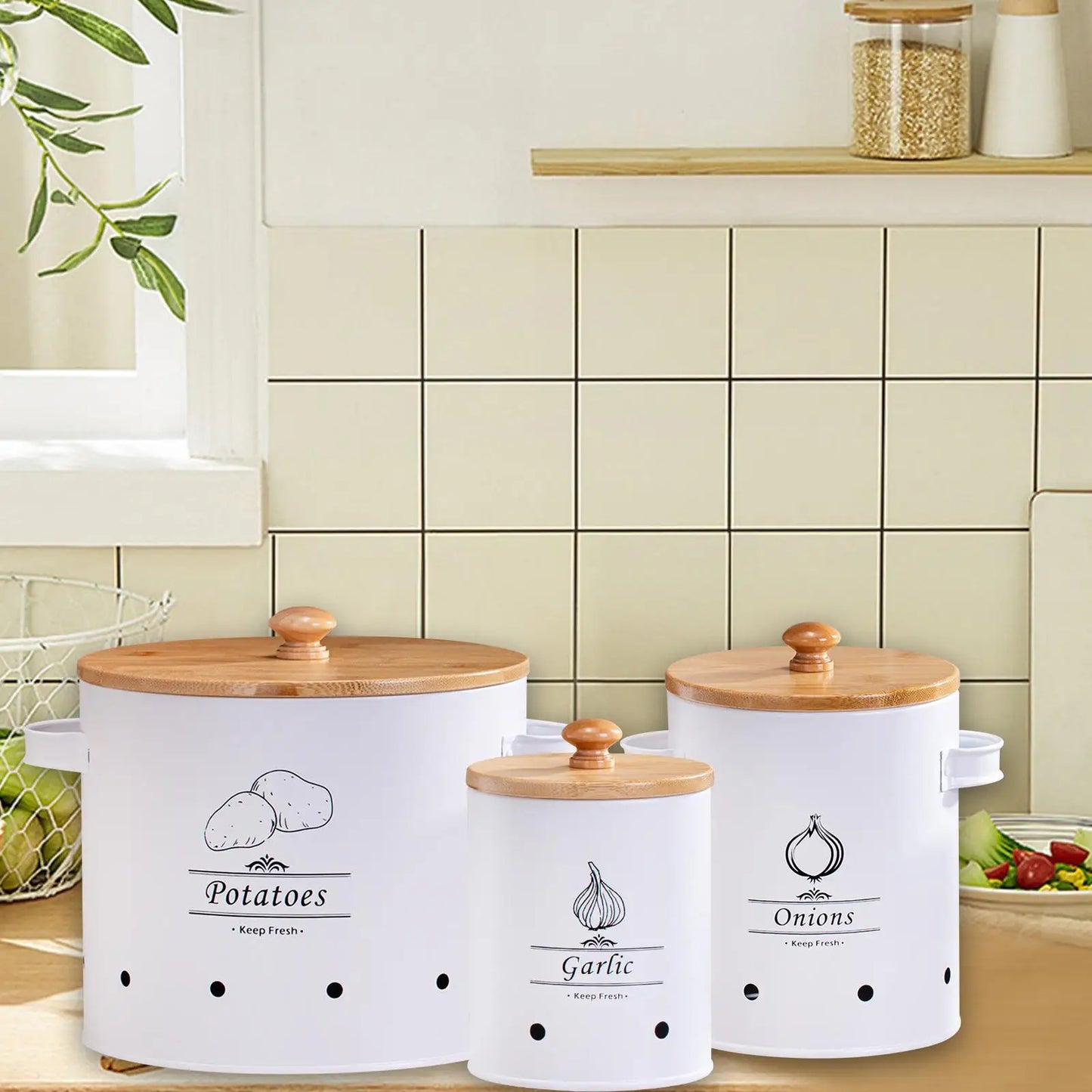 3Pcs Onion Potato and Garlic Storage Tins Pantry Organization Food Container Buckets Carbon Steel with Lids for Kitchen Cooking