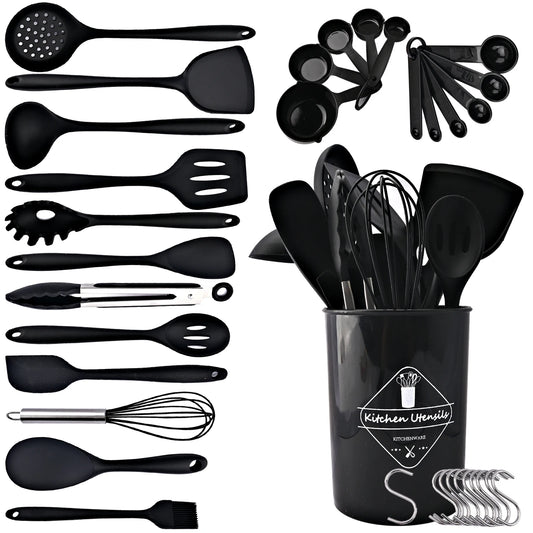 New Non-Stick Black Cookware Silicone Kitchenware Tool Cooking Utensils Set Spatula Ladle Egg Beaters Shovel Kitchen Accessories